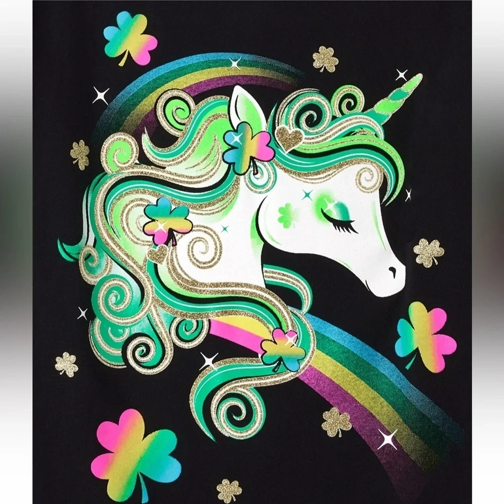 Girls St. Patrick's Day Unicorn Graphic Tee - Black